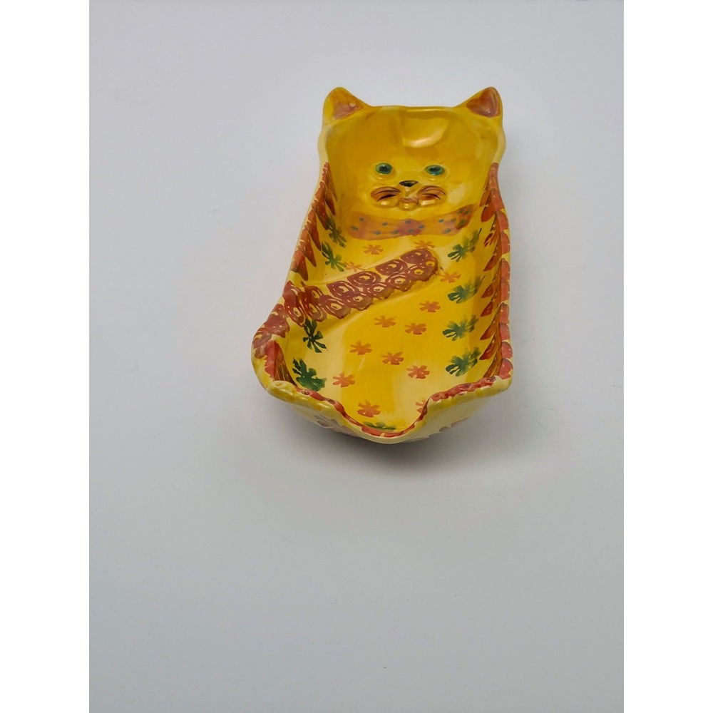 Italian Ceramic Cat Shaped Trinket Dish Hand Painted Yellow Pottery Tray - Picture 2 of 4